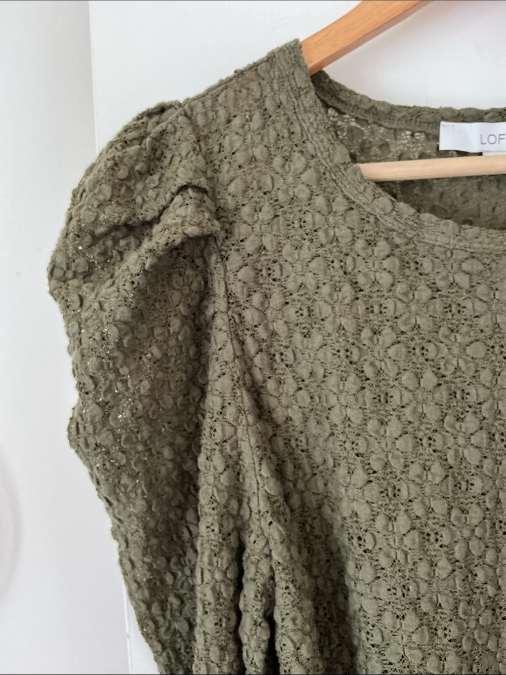 LOFT Olive Green Textured Puff-Sleeve Top - Picture 2 of 7